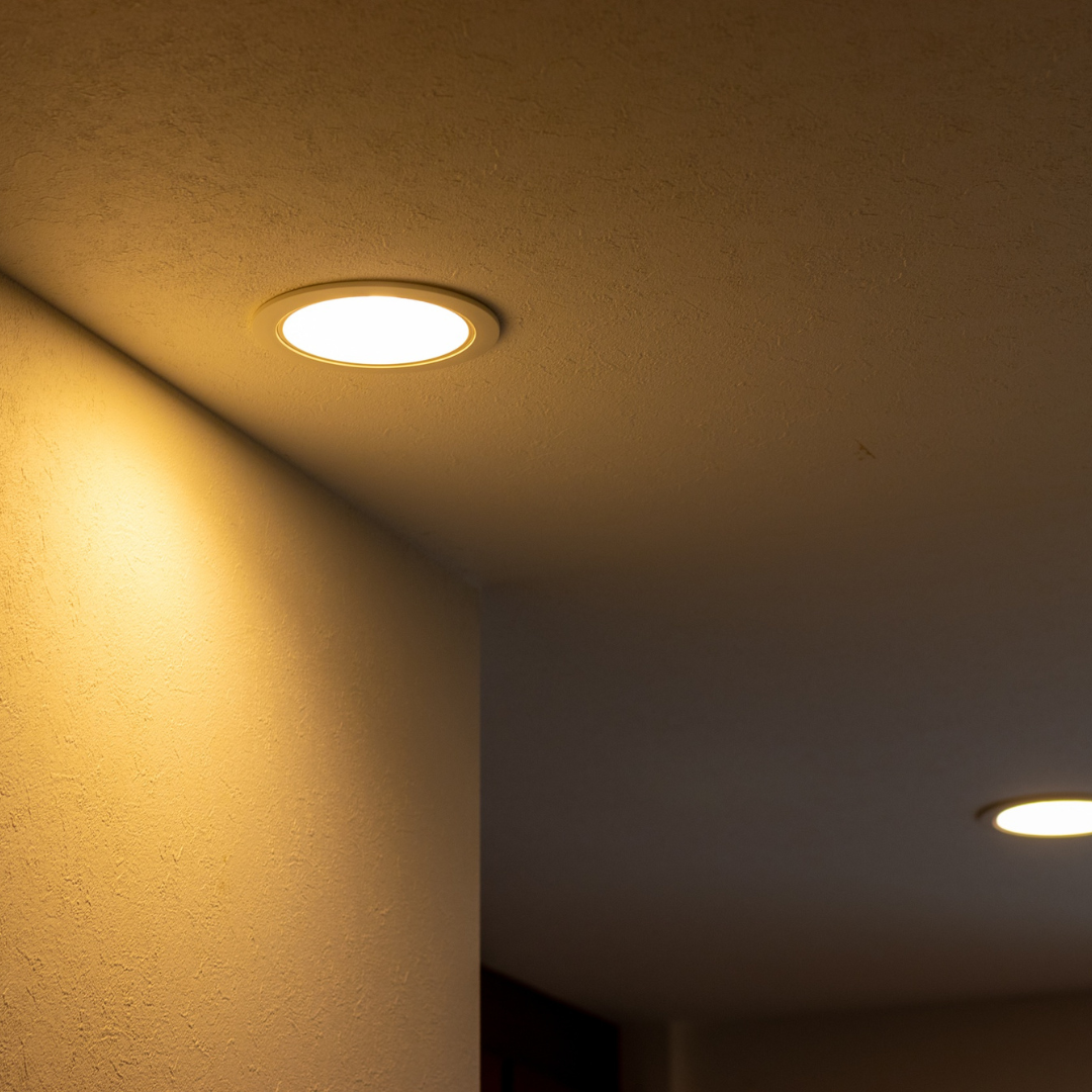 Ceiling lights illuminate an indoor hallway, representing lighting as one area where small businesses can reduce energy use.